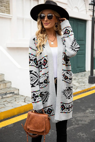 Angel Wings Pocketed Geometric Open Front Dropped Shoulder Cardigan - A Roese Boutique