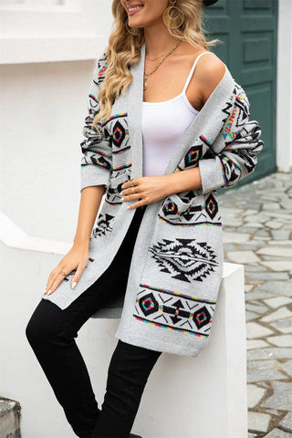 Angel Wings Pocketed Geometric Open Front Dropped Shoulder Cardigan - A Roese Boutique