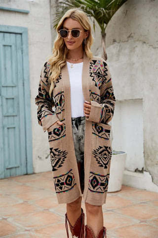 Angel Wings Pocketed Geometric Open Front Dropped Shoulder Cardigan - A Roese Boutique