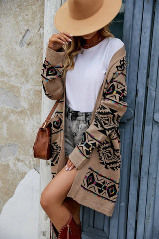 Angel Wings Pocketed Geometric Open Front Dropped Shoulder Cardigan - A Roese Boutique