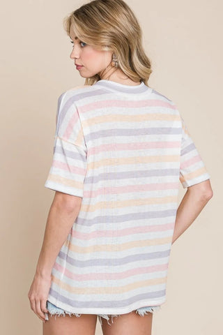 BOMBOM Striped V - Neck Short Sleeve T-Shirt - A Roese Boutique