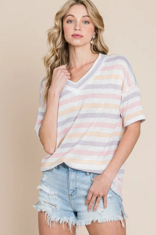 BOMBOM Striped V - Neck Short Sleeve T-Shirt - A Roese Boutique