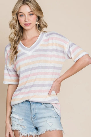 BOMBOM Striped V - Neck Short Sleeve T-Shirt - A Roese Boutique