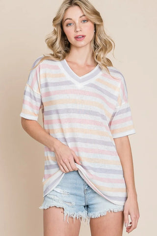BOMBOM Striped V - Neck Short Sleeve T-Shirt - A Roese Boutique