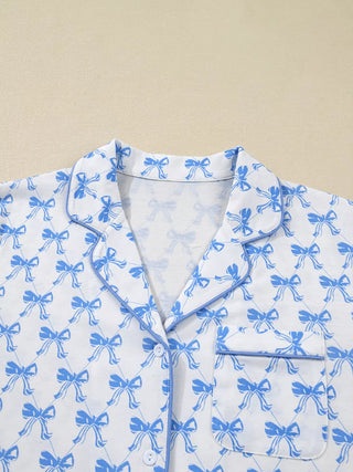 Bow Print Long Sleeve Shirt and Pants Pajama Set - A Roese Boutique