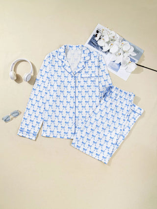 Bow Print Long Sleeve Shirt and Pants Pajama Set - A Roese Boutique