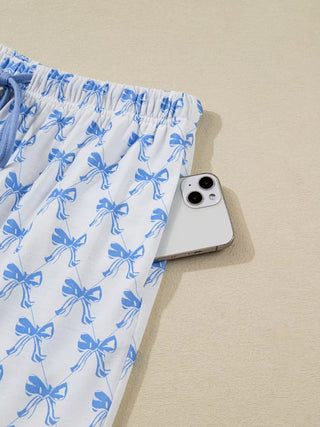 Bow Print Long Sleeve Shirt and Pants Pajama Set - A Roese Boutique