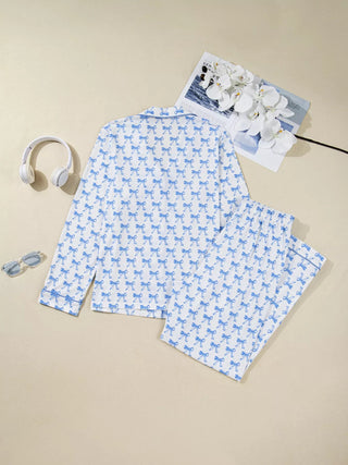 Bow Print Long Sleeve Shirt and Pants Pajama Set - A Roese Boutique