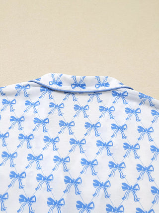 Bow Print Long Sleeve Shirt and Pants Pajama Set - A Roese Boutique