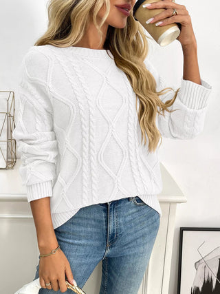 Cable Knit Round Neck Long Sleeve Sweater - A Roese Boutique