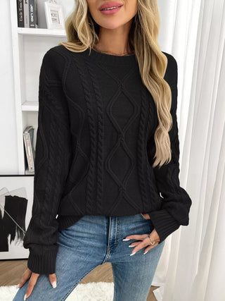 Cable Knit Round Neck Long Sleeve Sweater - A Roese Boutique