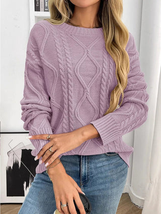 Cable Knit Round Neck Long Sleeve Sweater - A Roese Boutique