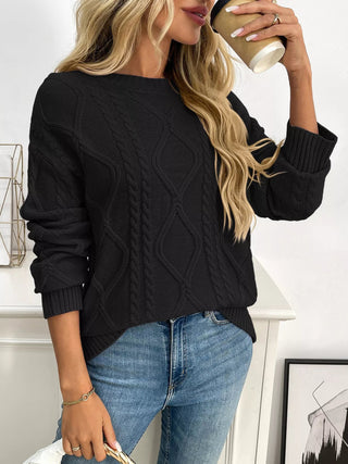 Cable Knit Round Neck Long Sleeve Sweater - A Roese Boutique