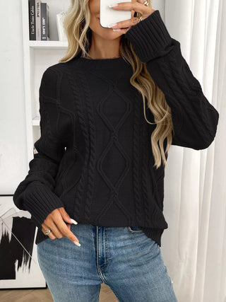 Cable Knit Round Neck Long Sleeve Sweater - A Roese Boutique