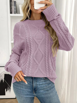 Cable Knit Round Neck Long Sleeve Sweater - A Roese Boutique