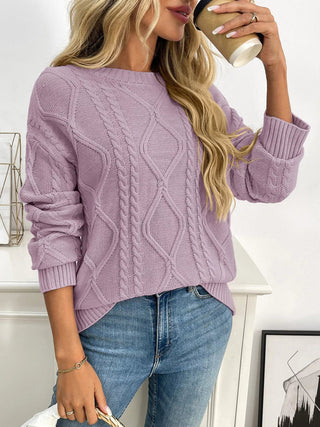 Cable Knit Round Neck Long Sleeve Sweater - A Roese Boutique