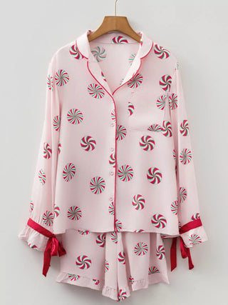 Christmas Candy Contrast Trim Bow Knot Top and Shorts 2pcs Pajama Set - A Roese Boutique