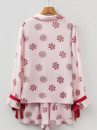 Christmas Candy Contrast Trim Bow Knot Top and Shorts 2pcs Pajama Set - A Roese Boutique