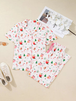 Christmas Spirit Cute Holiday Print Short Sleeve Shirt and Pants 2pcs Pajama Set - A Roese Boutique