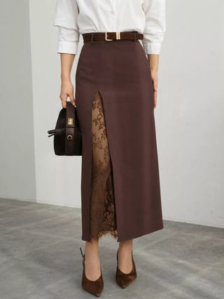 Elegant Lace-Trimmed Slit A-Line Skirt - A Roese Boutique
