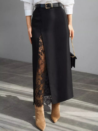 Elegant Lace-Trimmed Slit A-Line Skirt - A Roese Boutique
