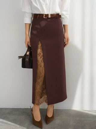 Elegant Lace-Trimmed Slit A-Line Skirt - A Roese Boutique