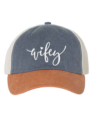 Embroidered Wifey/Hubby Pigment - Dyed Trucker Hat – Anniversary Gift Cap - A Roese Boutique