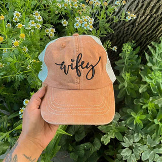 Embroidered Wifey/Hubby Pigment - Dyed Trucker Hat – Anniversary Gift Cap - A Roese Boutique