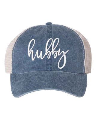 Embroidered Wifey/Hubby Pigment - Dyed Trucker Hat – Anniversary Gift Cap - A Roese Boutique