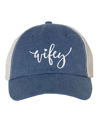 Embroidered Wifey/Hubby Pigment - Dyed Trucker Hat – Anniversary Gift Cap - A Roese Boutique