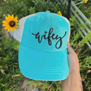 Embroidered Wifey/Hubby Pigment - Dyed Trucker Hat – Anniversary Gift Cap - A Roese Boutique