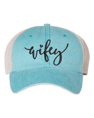 Embroidered Wifey/Hubby Pigment - Dyed Trucker Hat – Anniversary Gift Cap - A Roese Boutique