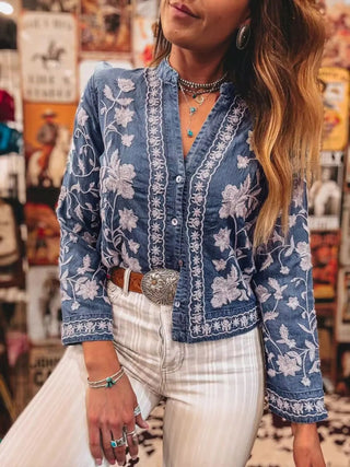 Floral Embroidered Button Up Denim Shirt - A Roese Boutique
