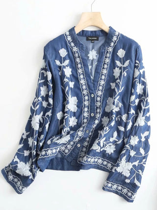 Floral Embroidered Button Up Denim Shirt - A Roese Boutique