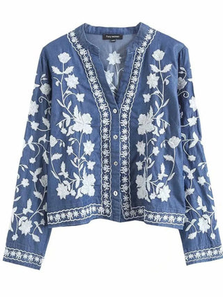 Floral Embroidered Button Up Denim Shirt - A Roese Boutique