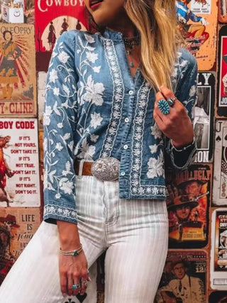 Floral Embroidered Button Up Denim Shirt - A Roese Boutique