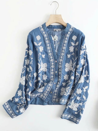 Floral Embroidered Button Up Denim Shirt - A Roese Boutique