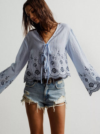 Floral Embroidered Tie-Front Blouse - A Roese Boutique