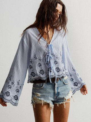 Floral Embroidered Tie-Front Blouse - A Roese Boutique