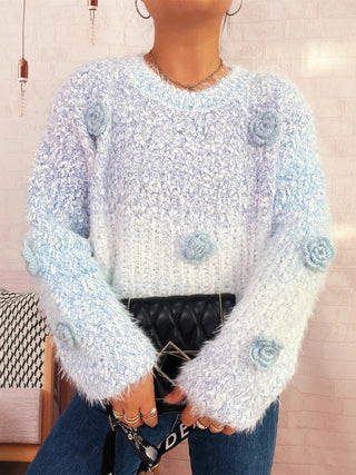 Flower Embellished Round Neck Sweater - A Roese Boutique