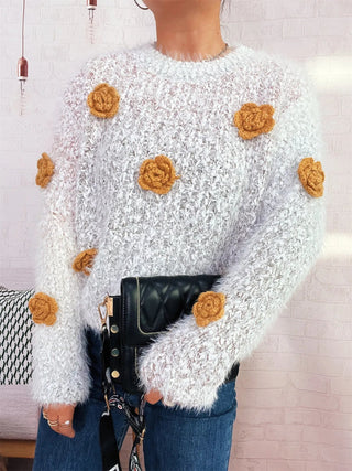 Flower Embellished Round Neck Sweater - A Roese Boutique