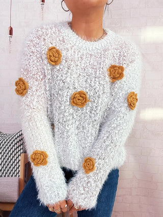 Flower Embellished Round Neck Sweater - A Roese Boutique