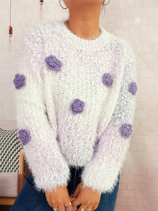 Flower Embellished Round Neck Sweater - A Roese Boutique