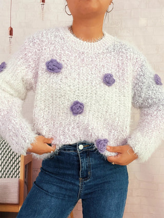 Flower Embellished Round Neck Sweater - A Roese Boutique
