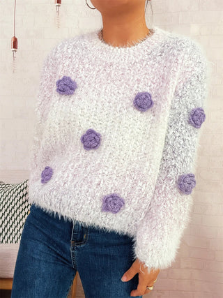 Flower Embellished Round Neck Sweater - A Roese Boutique