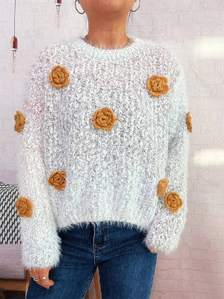Flower Embellished Round Neck Sweater - A Roese Boutique