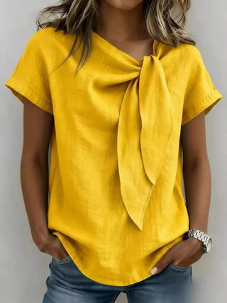 Full Size Bow Tie Neck Short Sleeve Blouse Plus Size - A Roese Boutique