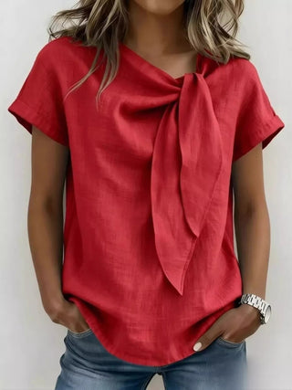 Full Size Bow Tie Neck Short Sleeve Blouse Plus Size - A Roese Boutique