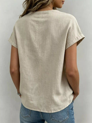 Full Size Bow Tie Neck Short Sleeve Blouse Plus Size - A Roese Boutique