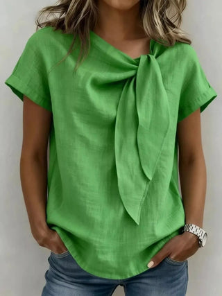 Full Size Bow Tie Neck Short Sleeve Blouse Plus Size - A Roese Boutique